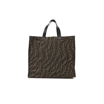 FENDI X SARAH COLEMAN FABRIC JACQUARD VITELLO KING FF VERTIGO SHOPPING TOTE BAG TOBACCO MORO BLACK (39*35*19cm) 